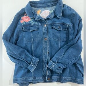 Women's Blue Floral Embroidered  Mid-Length Collared DenimJacket Long Sleeve